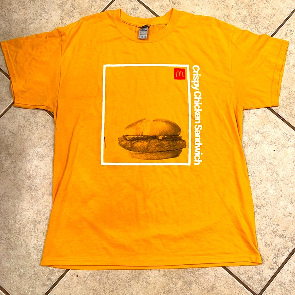 McDonnald’s Employee t shirt mens large yellow Crispy McChicken Sandwich